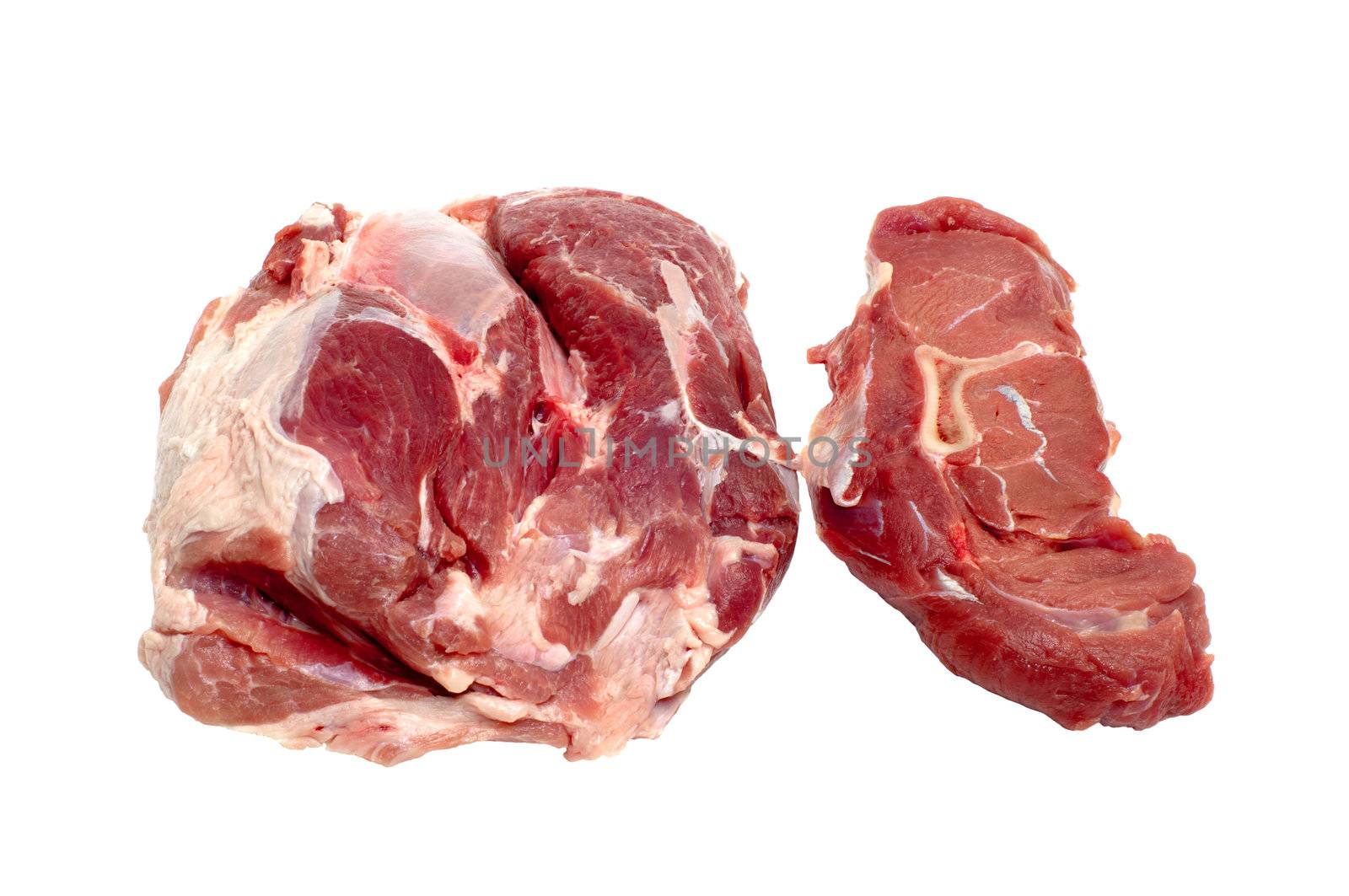 Pork and beef pieces it is isolated on a white background.