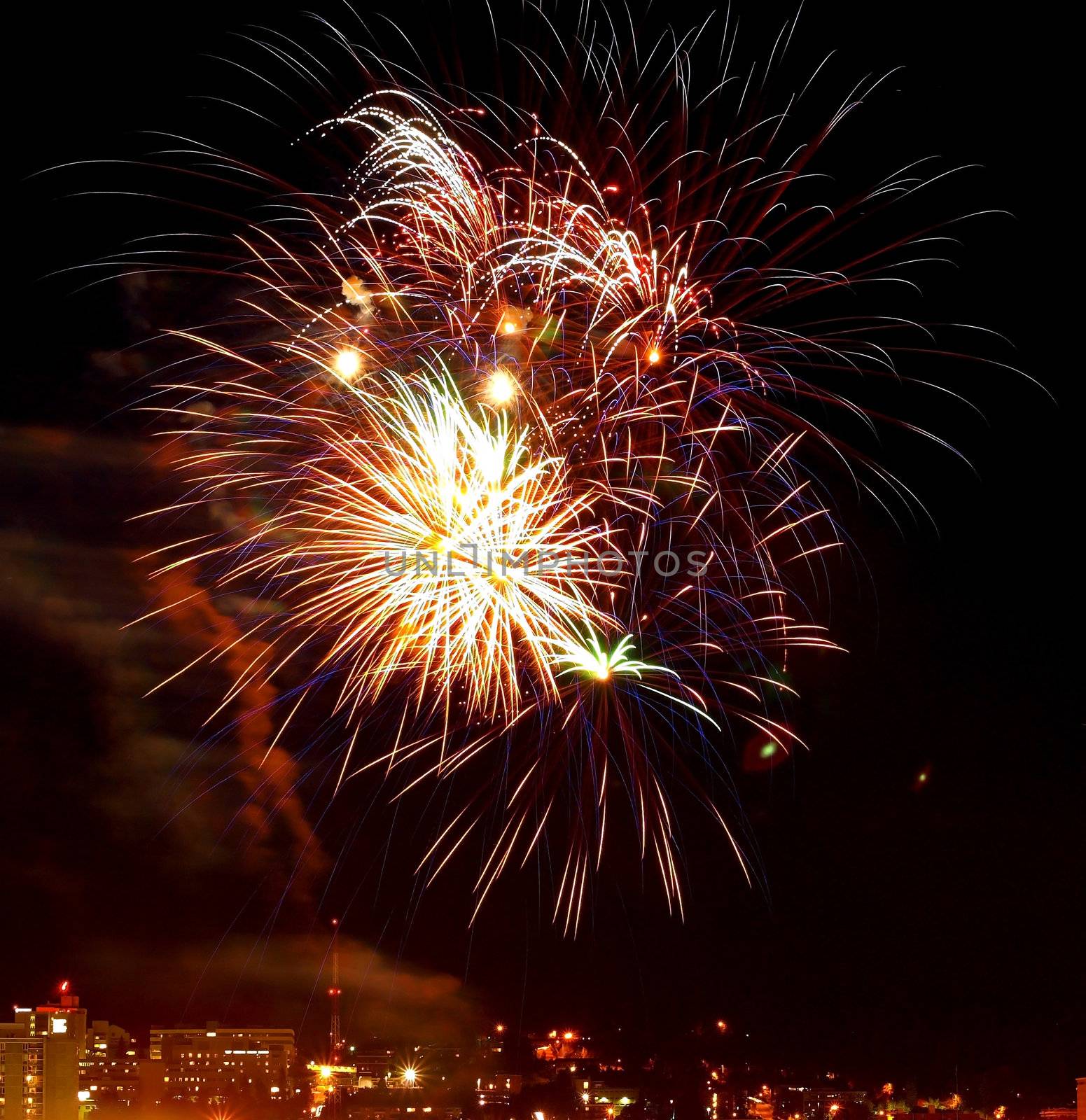 Fireworks Against the Night Sky of a Cityscape