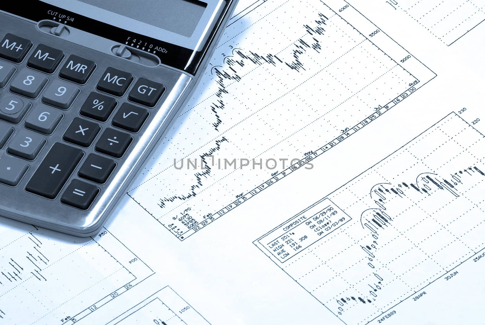 Calculator laying on printed finance charts with bullish trend. Cold Photofilter.