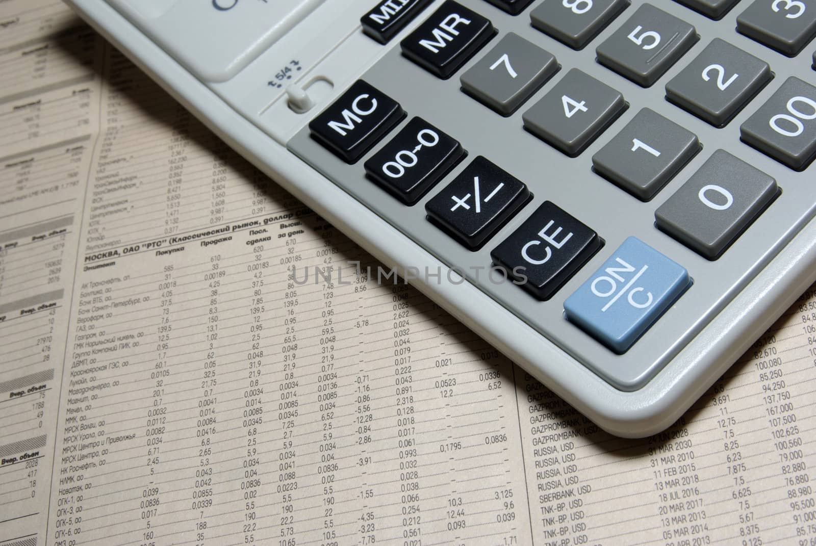 Calculator keypad and financial newspaper. Business concept photo.