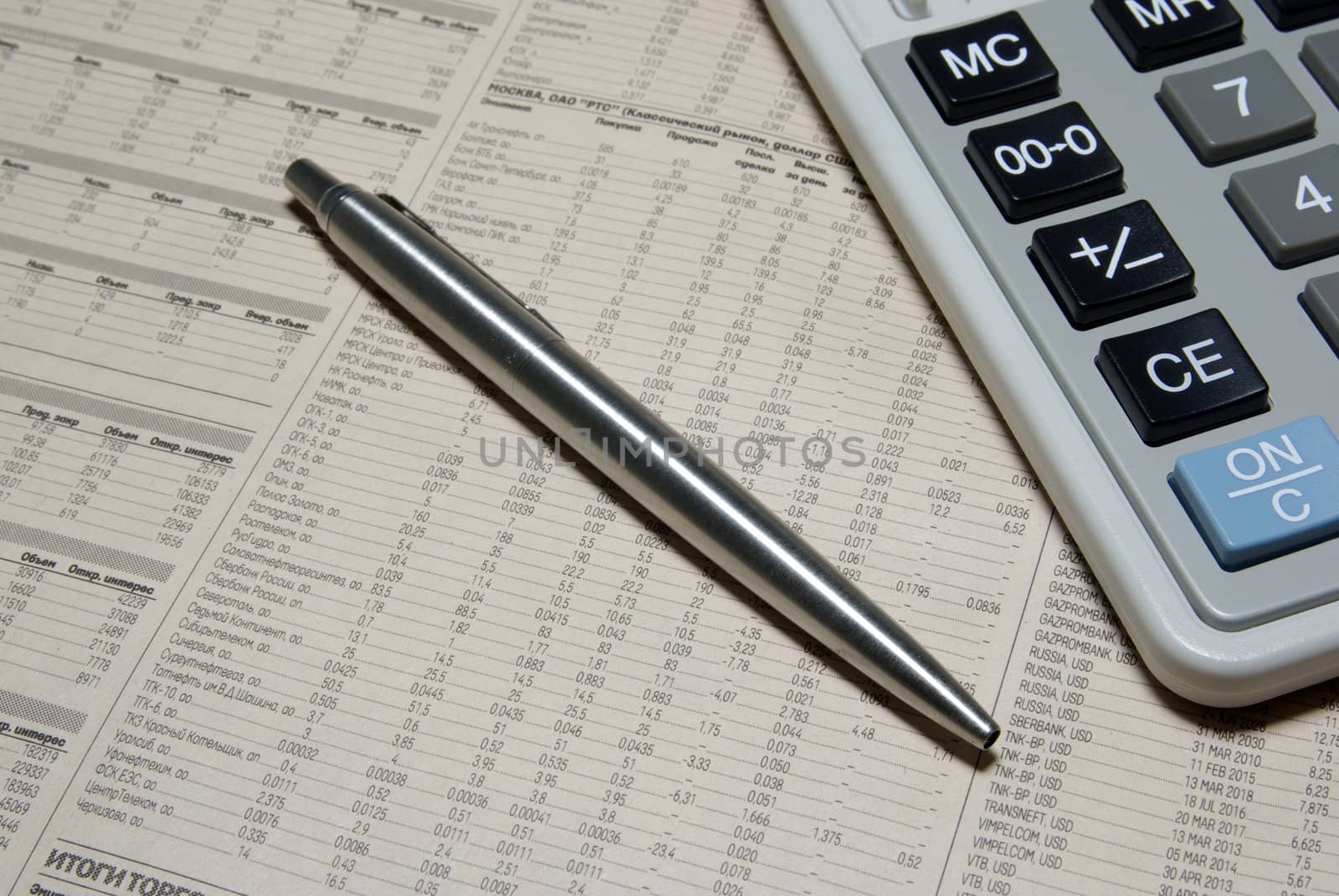 Financial calculator, pen and business newspaper. Concept.