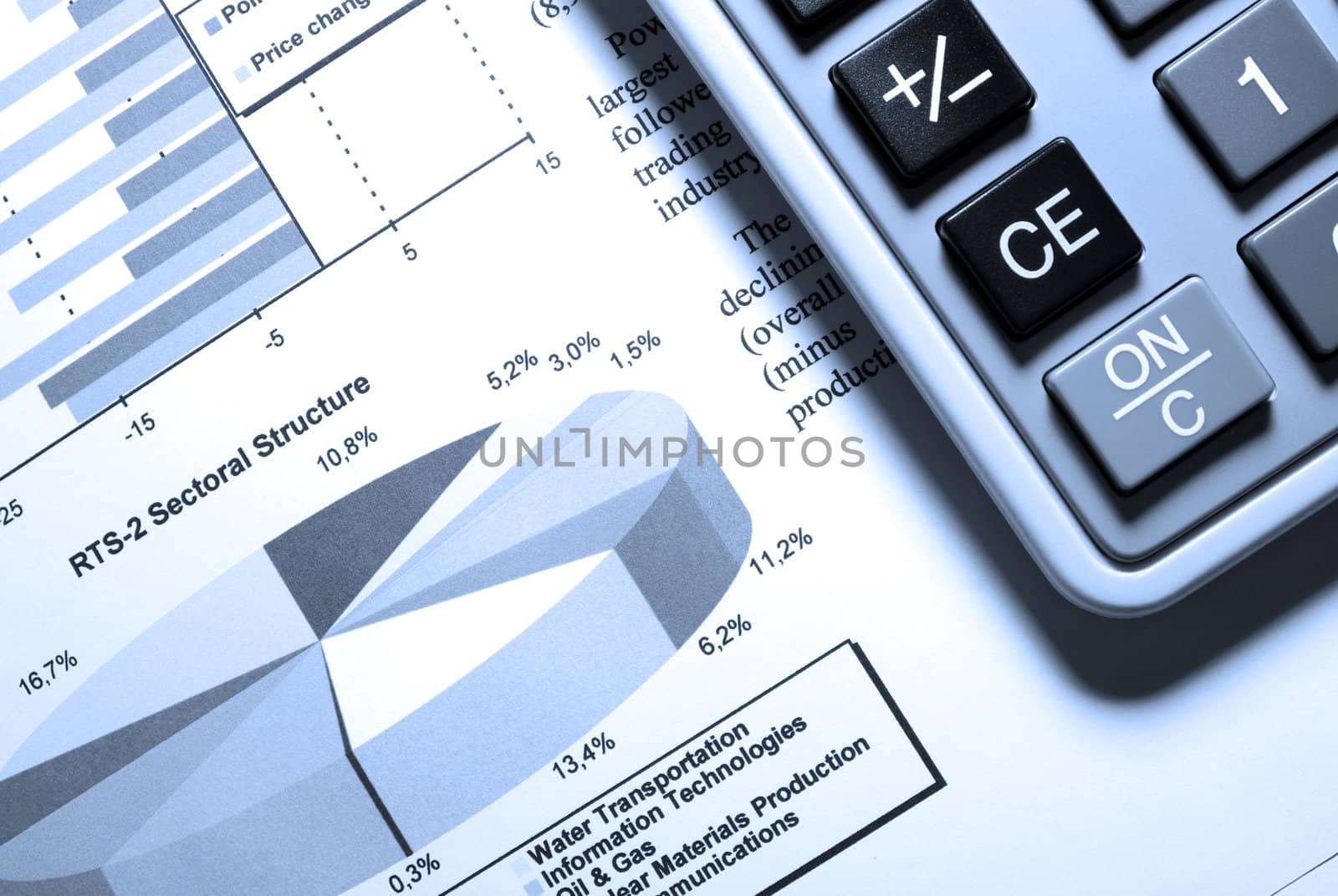 Calculator and printed stock data with diagrams.