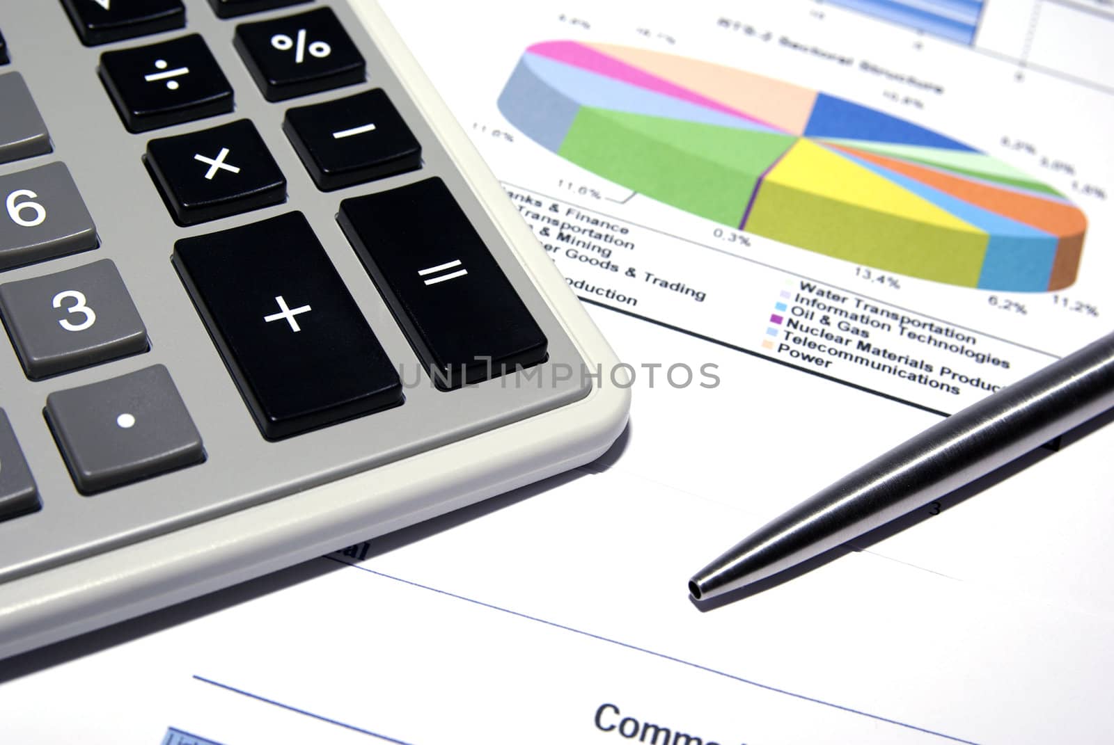 Calculator and steel pen on printed financial data. by borodaev