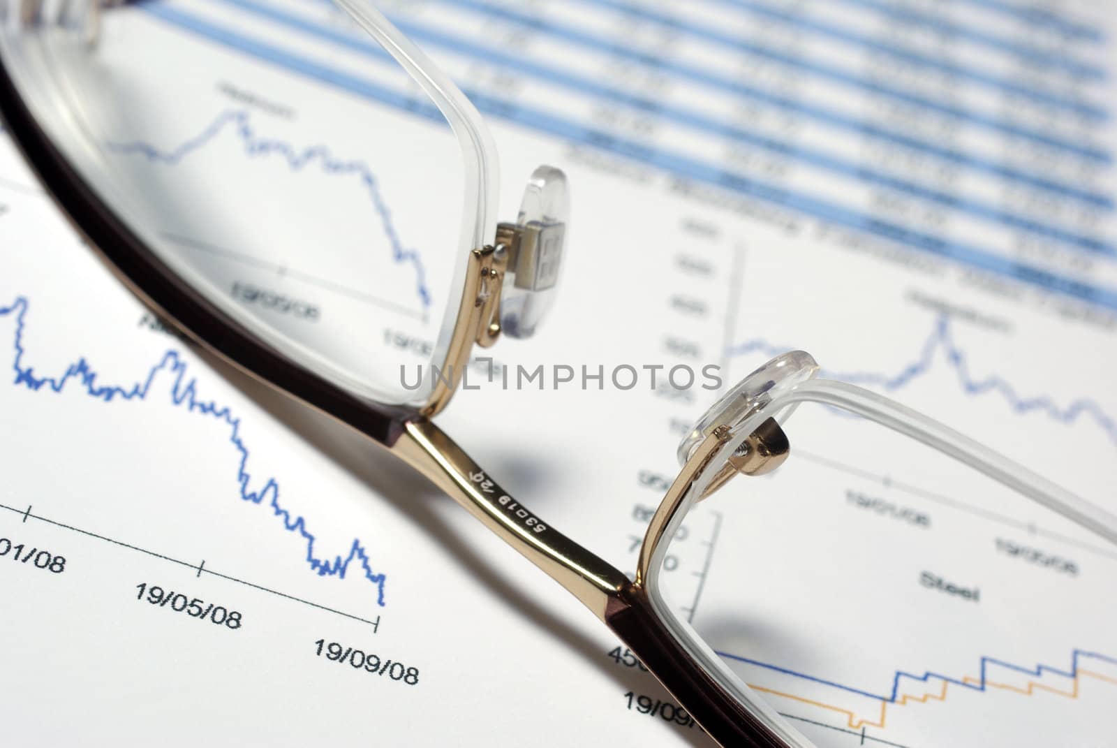 Closeup on glasses and financial report with charts and data.