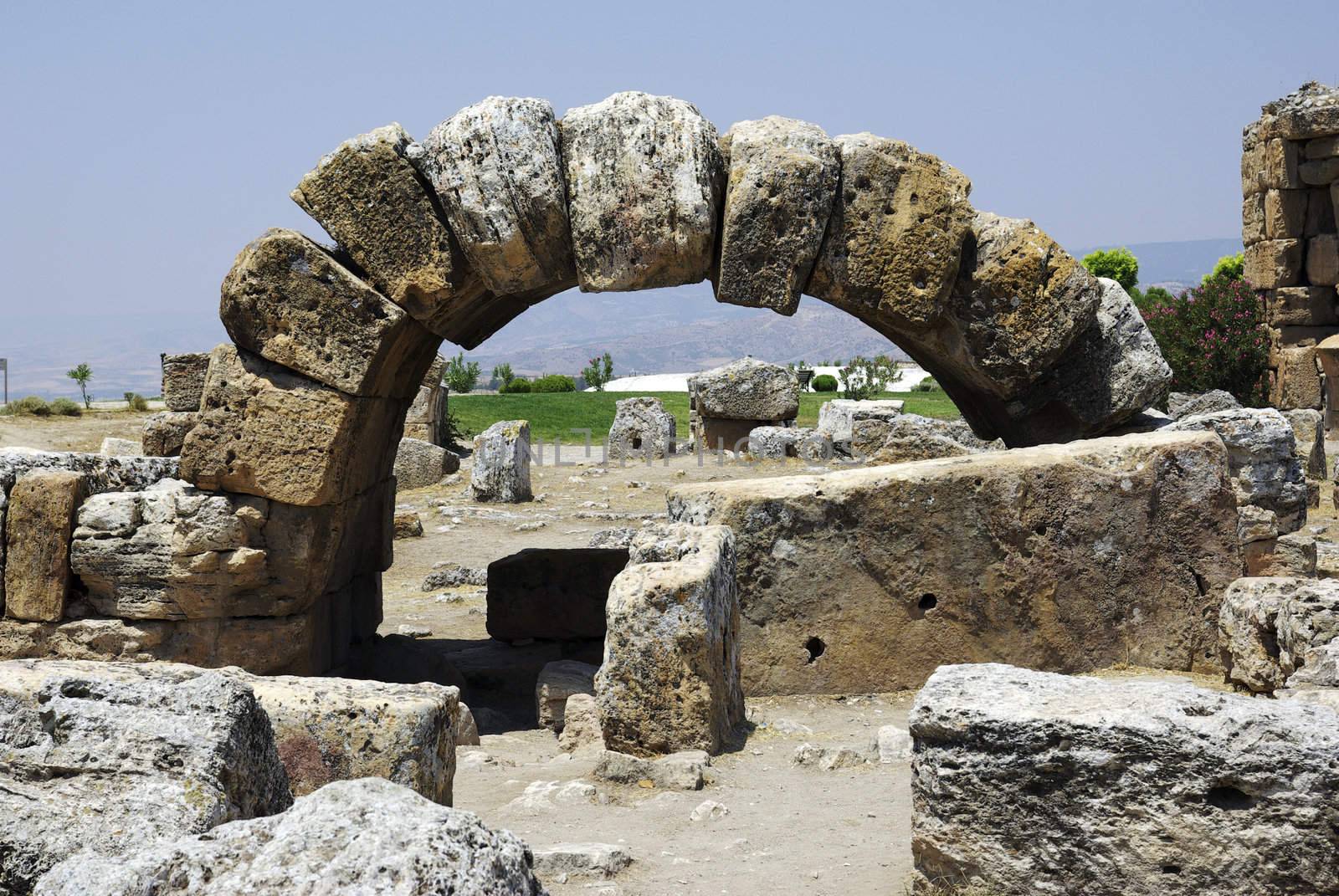 Ruins of ancient city Heirapolis near Pamukkale, Turkey. by borodaev