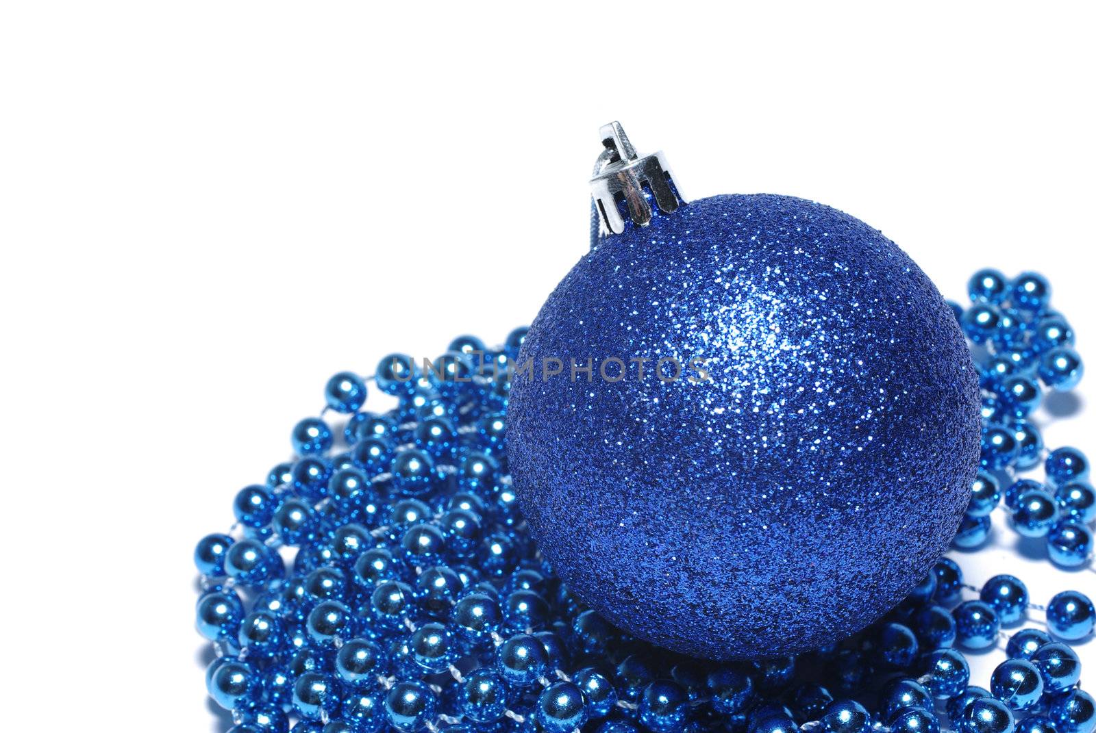 Blue christmas ball and ornaments isolated on white background.