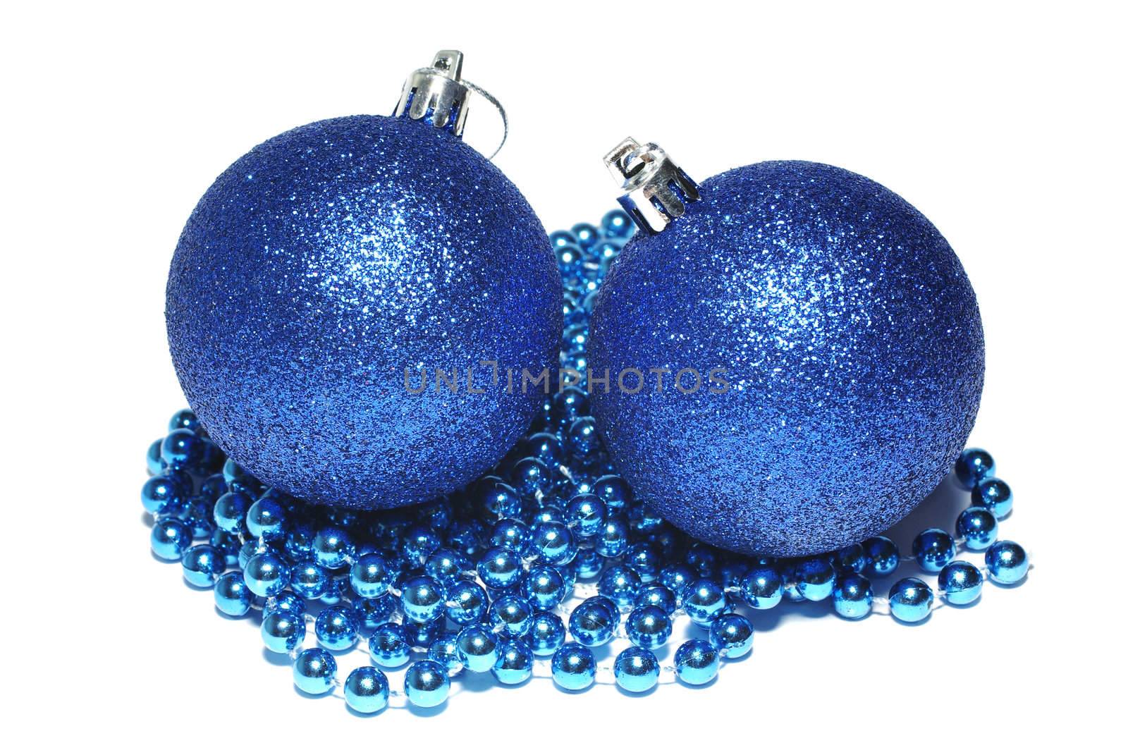 Blue christmas balls and blue ornament isolated on white backgro by borodaev