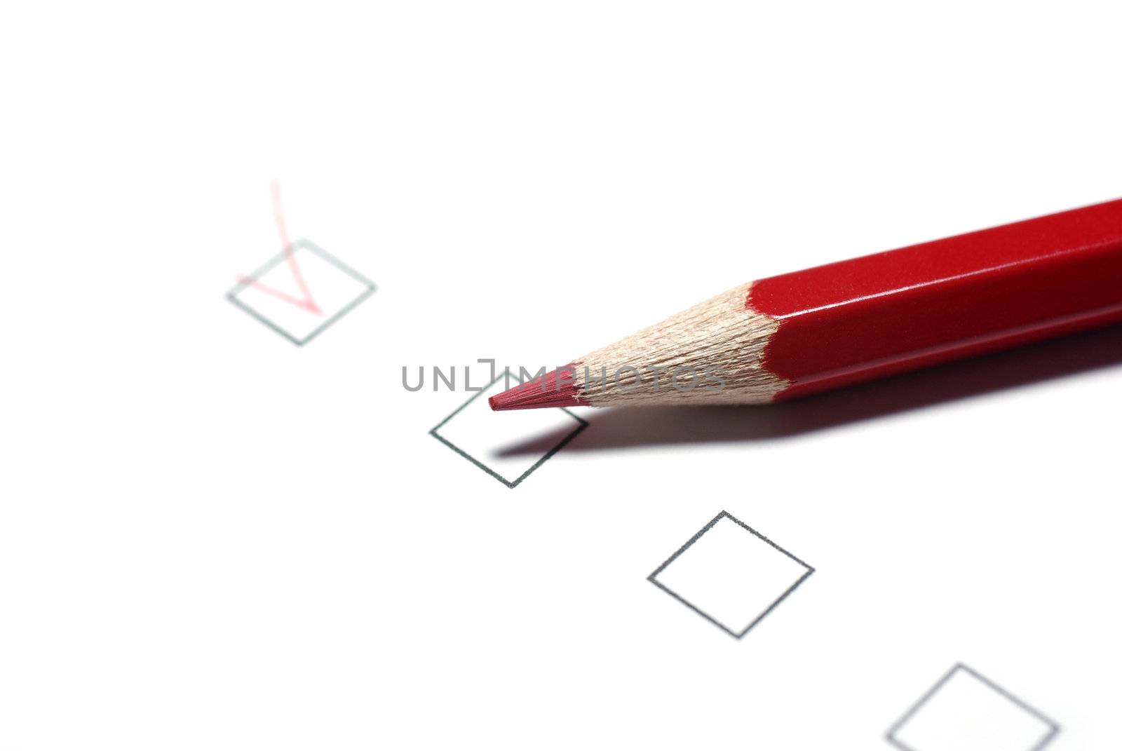 Red pencil and checkboxes isolated on white background. by borodaev