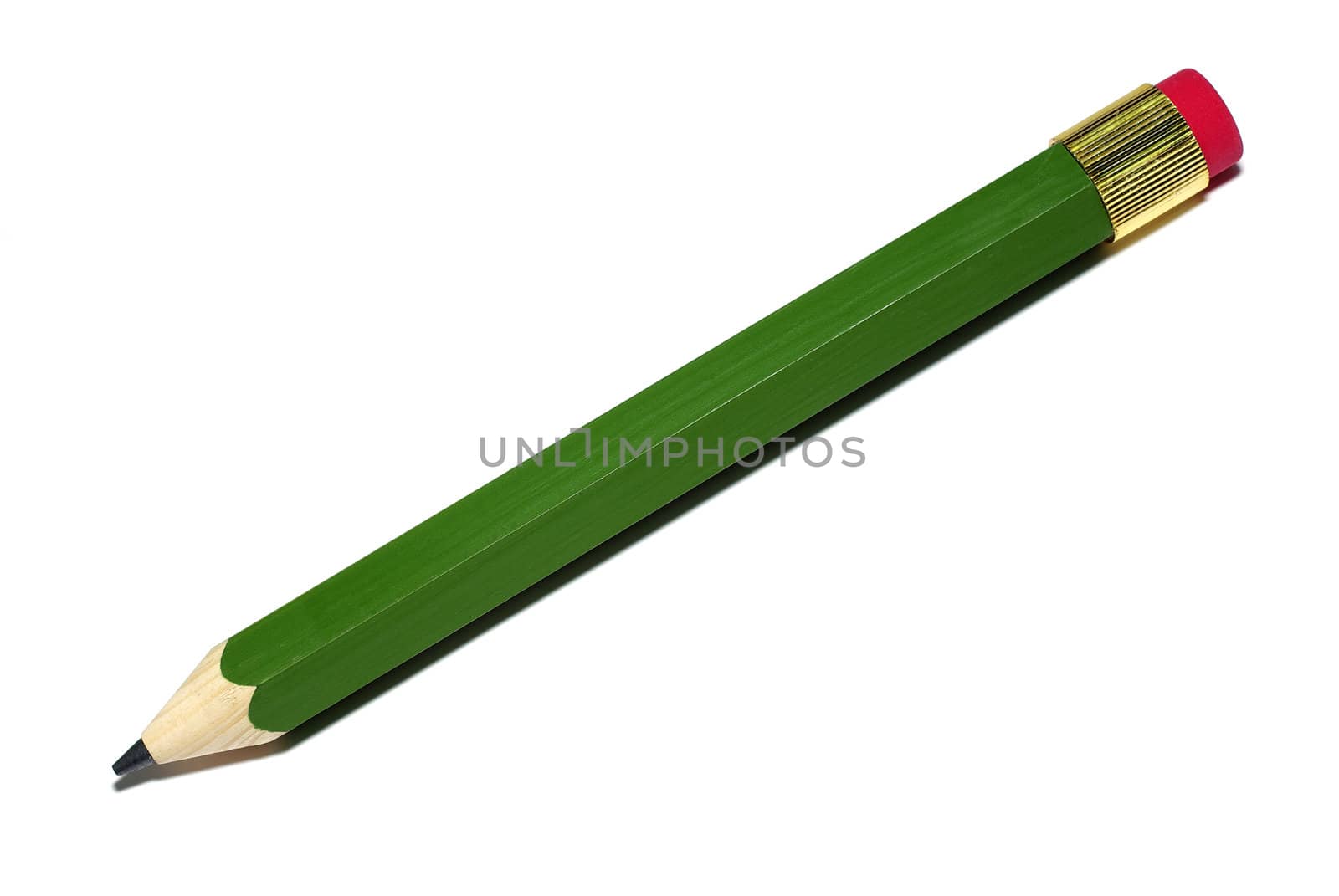 Big green pencil with red eraser isolated on white background.