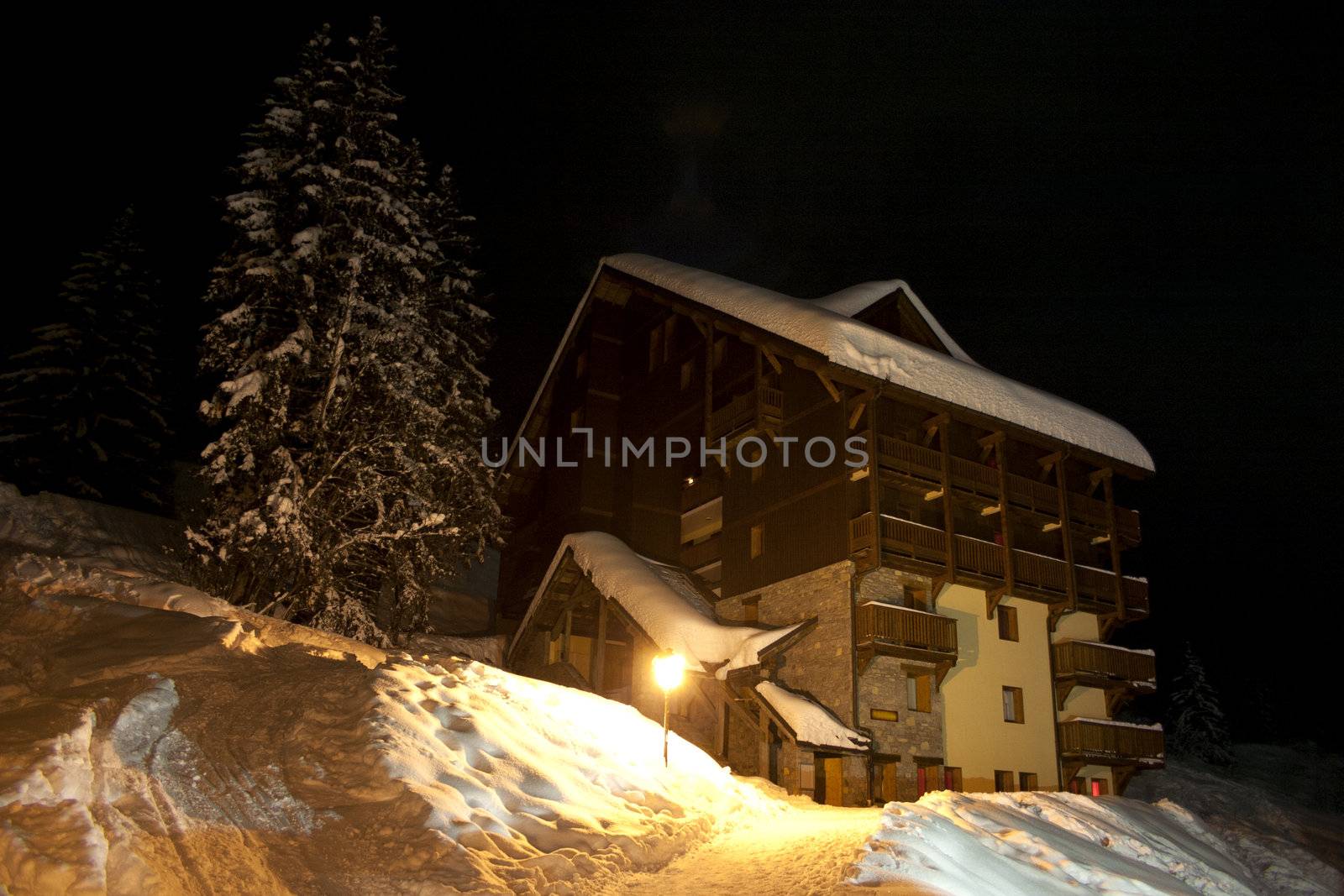 Chalet in the evening in the French Alps