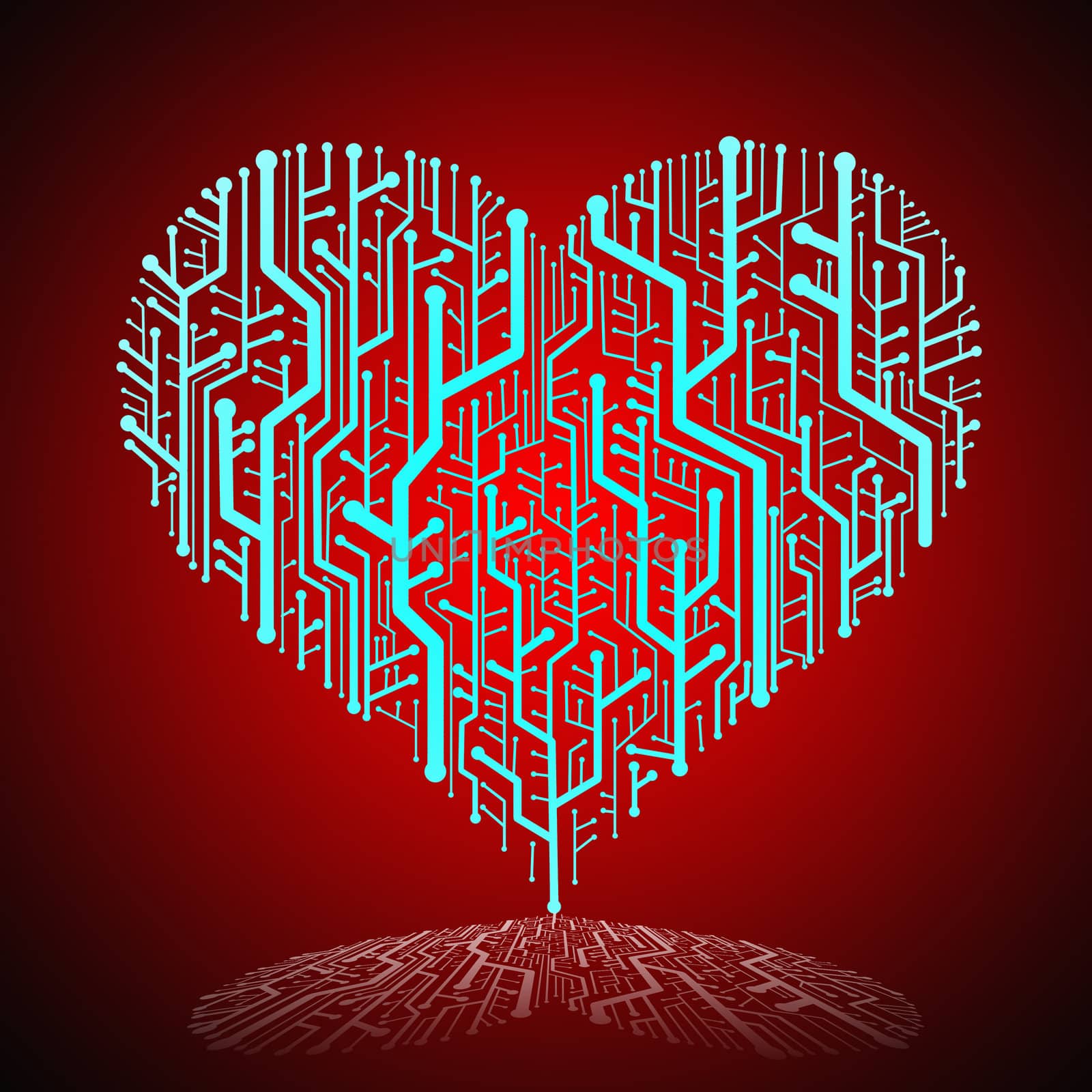 Circuit board in Heart shape, Technology background 