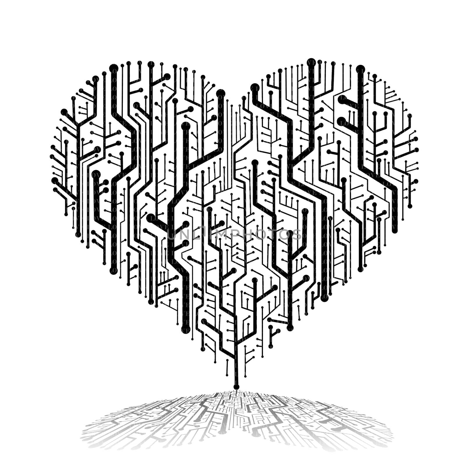 Circuit board in Heart shape with shadow on ground, Technology background 
