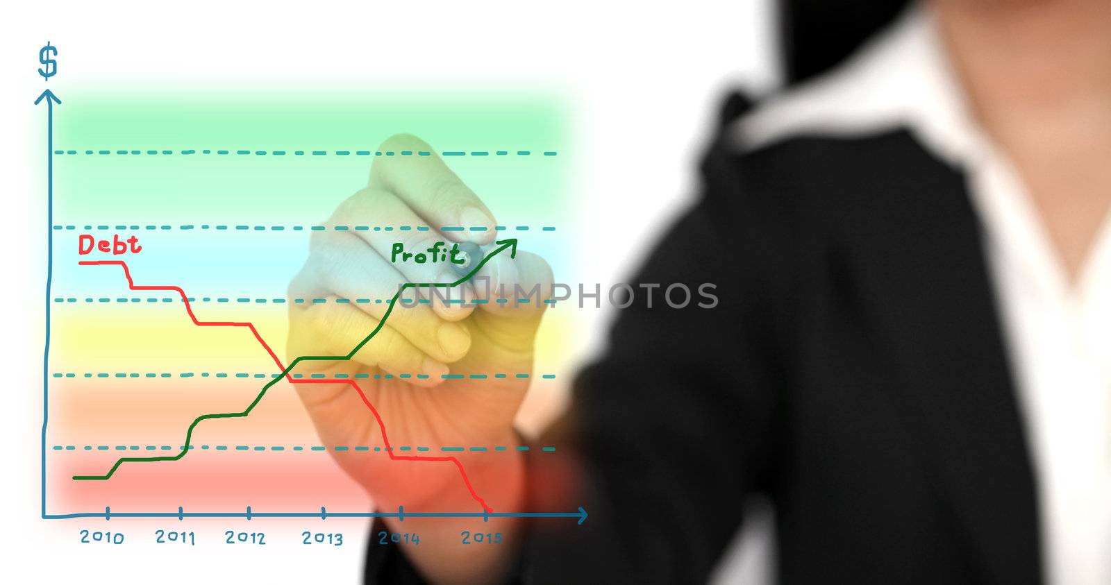 Asian business woman drawing business profit graph and debt