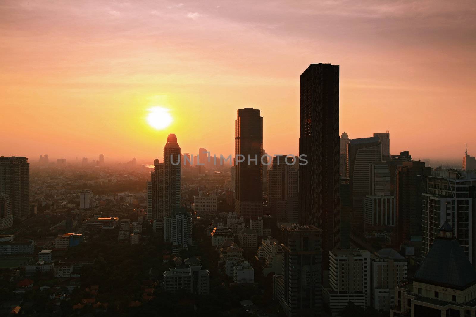 Aerial view of Bangkok Skyline cityscape with sunset Thailand