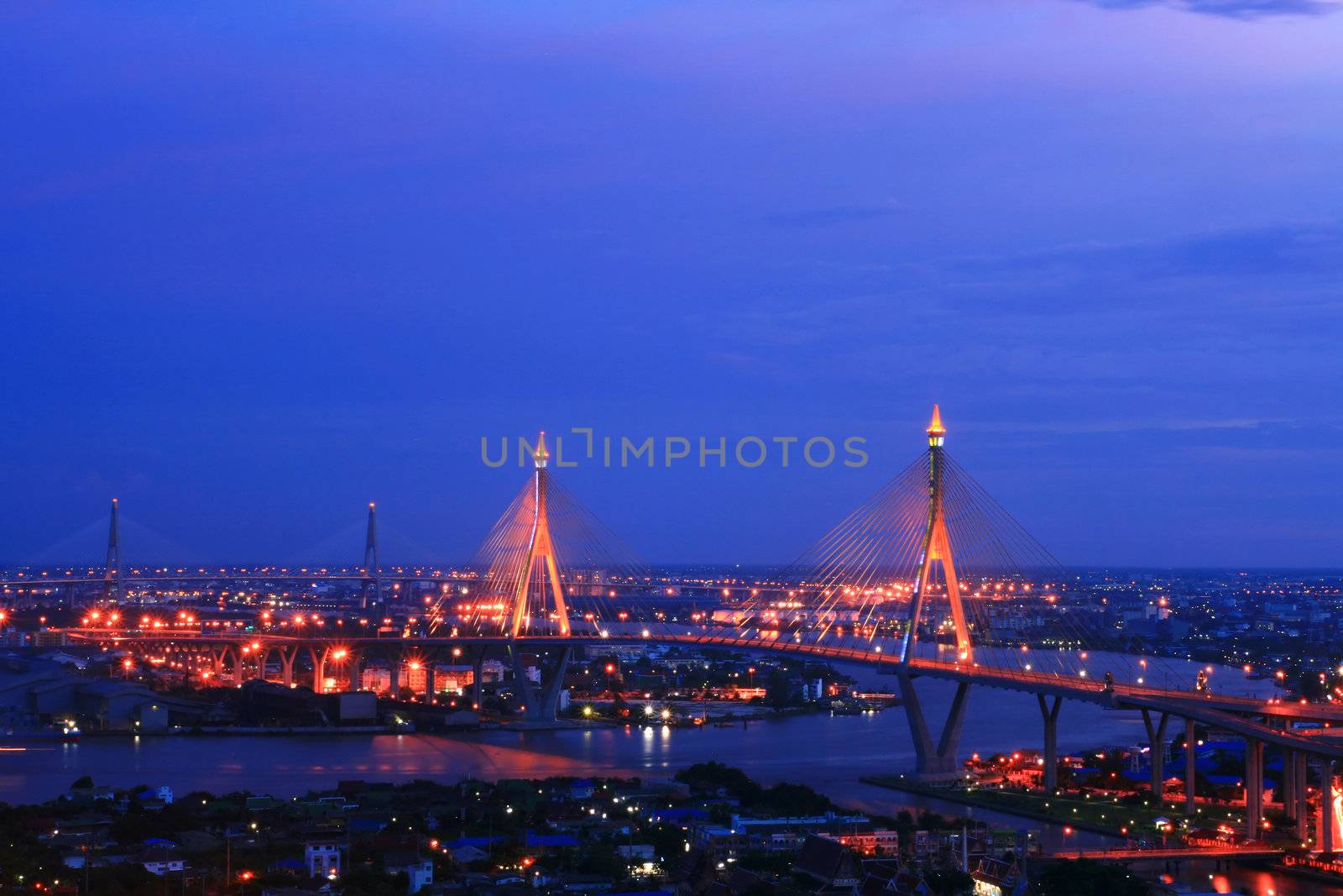 Bhumibol Bridge in Thailand, also known as the Industrial Ring  Bridge or Mega Bridge, in Thailand. The bridge crosses the Chao Phraya River twice.