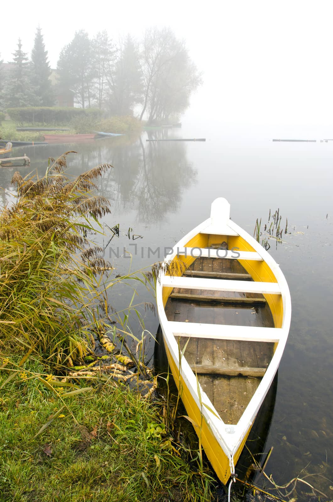 yellow boat in the lake and mist by alis_photo