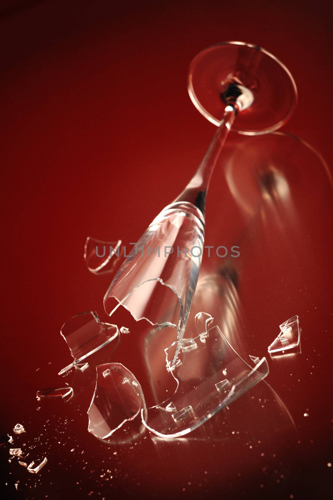 elegant wine glass broken on a red background