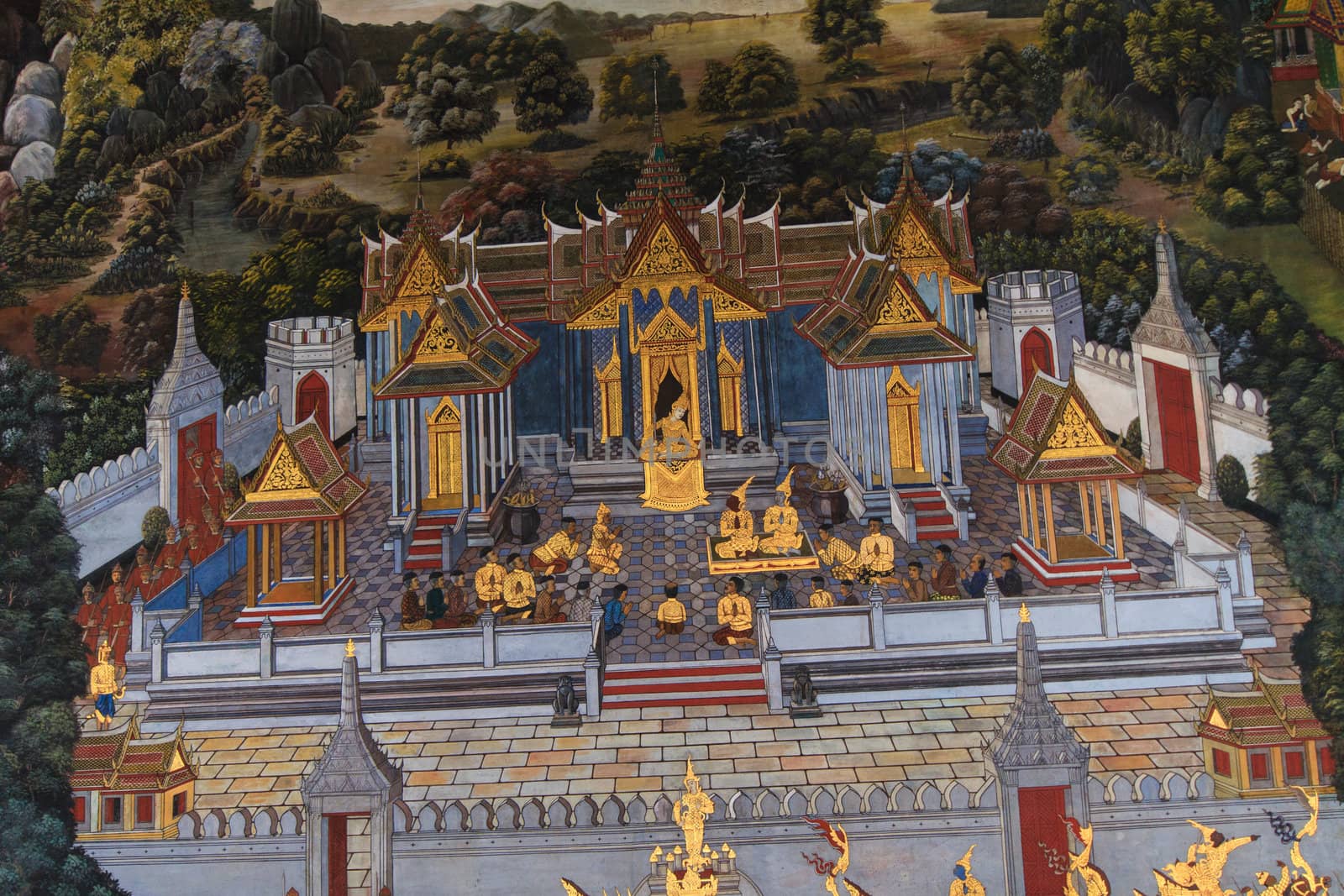 The temple Wat phra kaeo in the Grand palace area, one of the major tourism attraction in Bangkok, Thailand