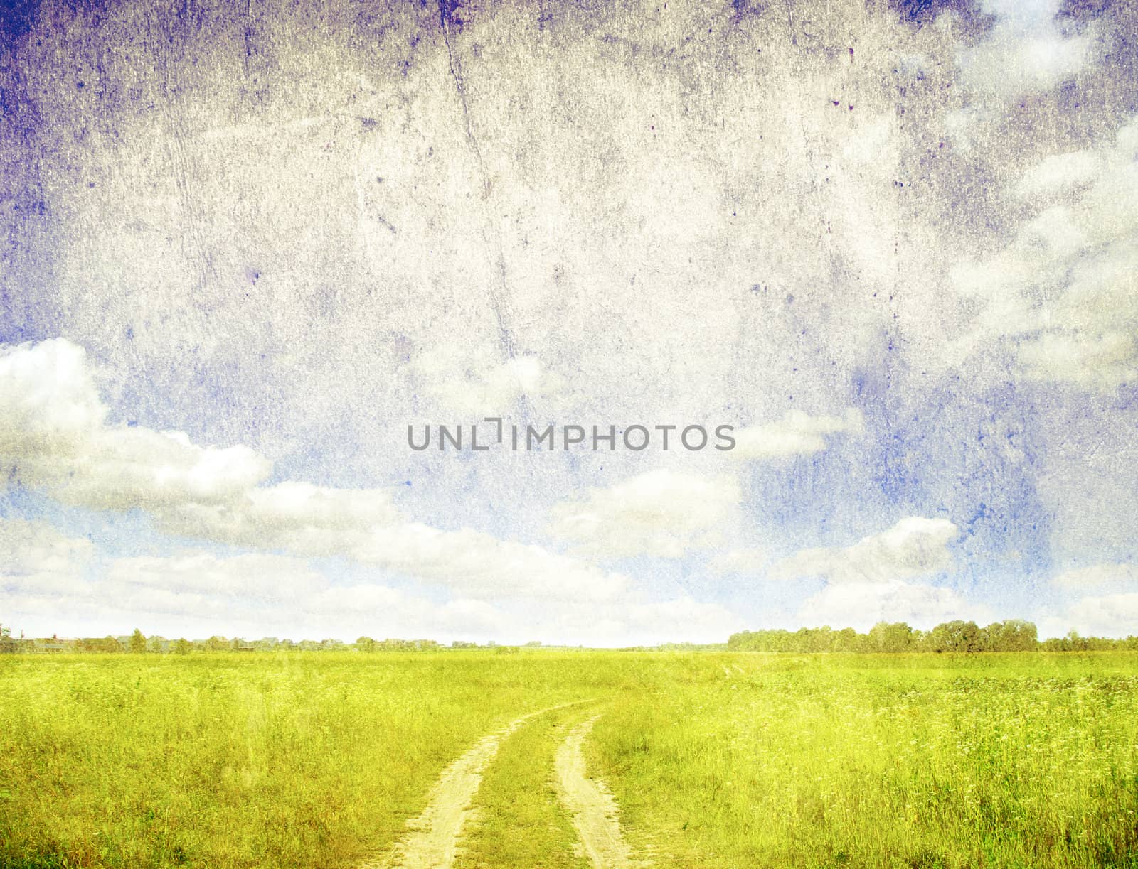 grunge image of green field and blue sky