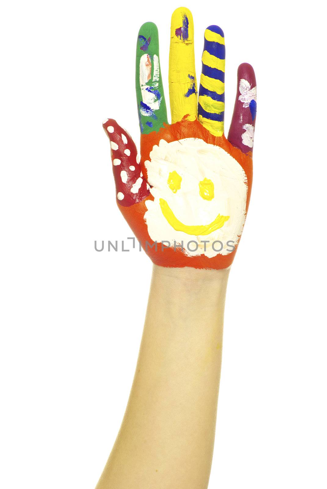 hand painted in colorful paints on white