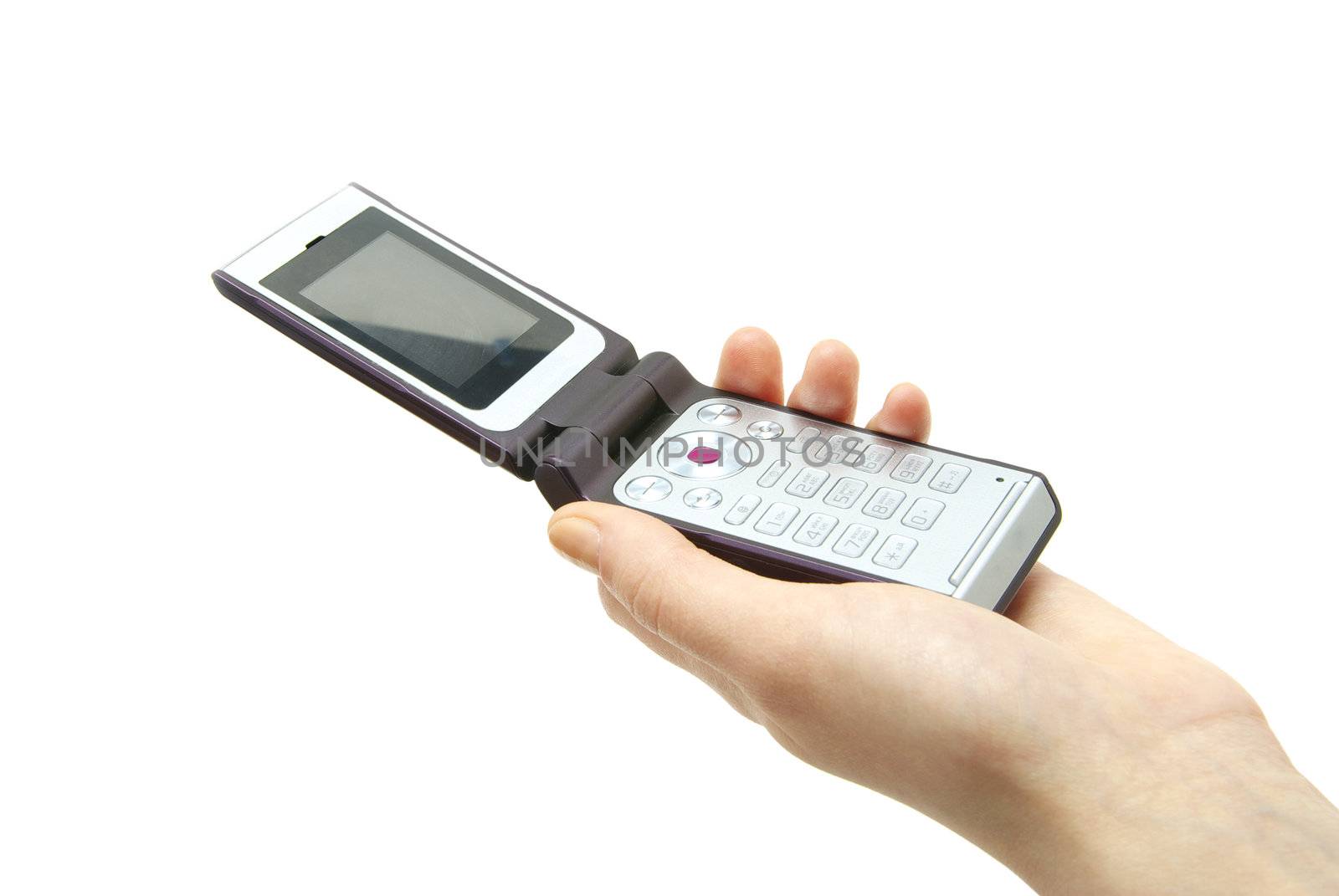 a hands holding a mobile phone for support     