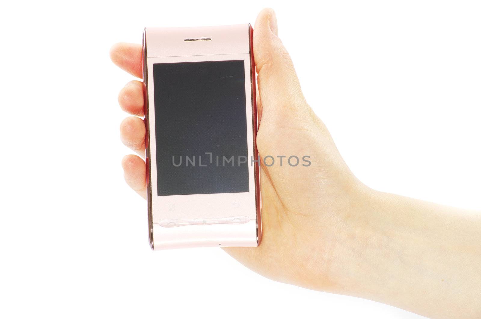 female hand is holding a modern touch screen phone