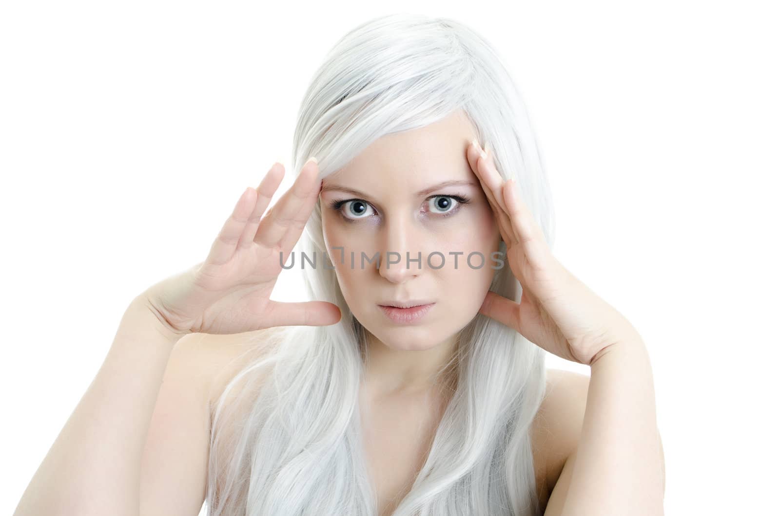 closeup portrait of pretty girl with hands touching the face isolated on white
