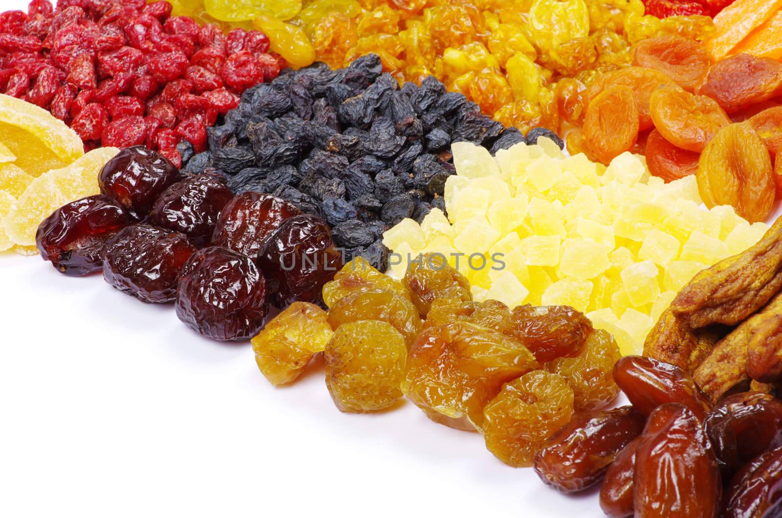 assortment dried fruits on white