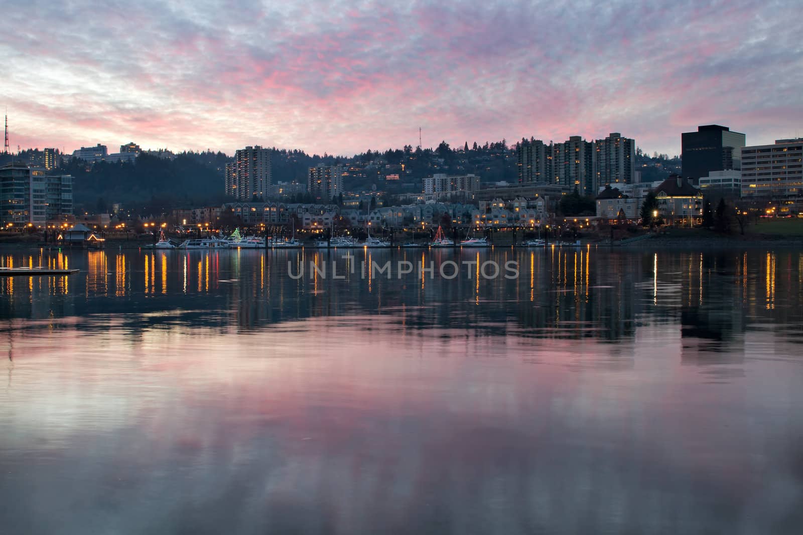 Sunset Over Marina Harbor at Portland Oregon Waterfront Skyline and Reflection on Willamette River
