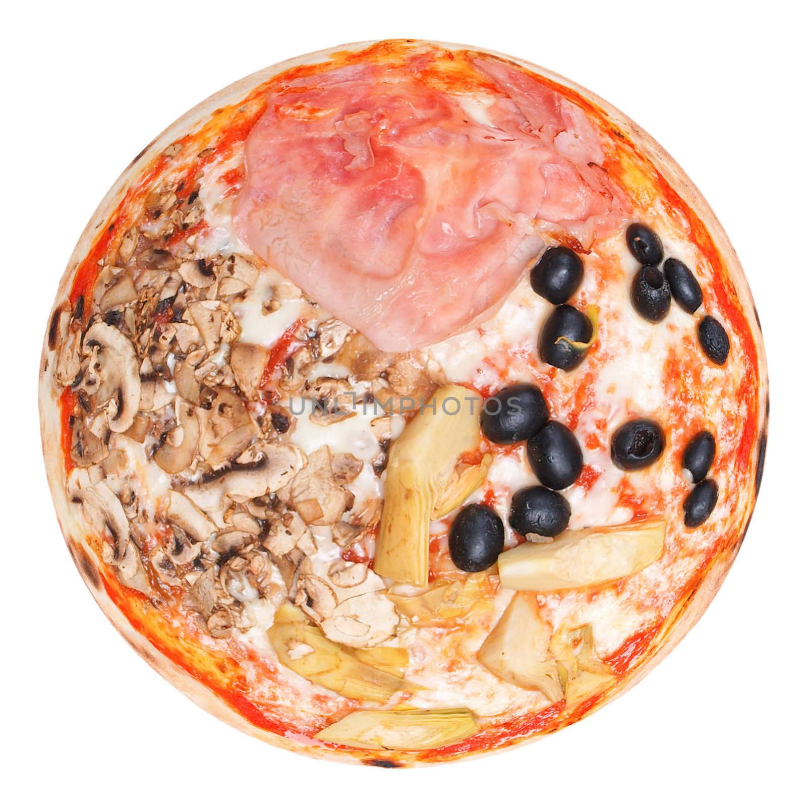 Italian Four Seasons Pizza (Pizza Quattro Stagioni) - isolated over a white background
