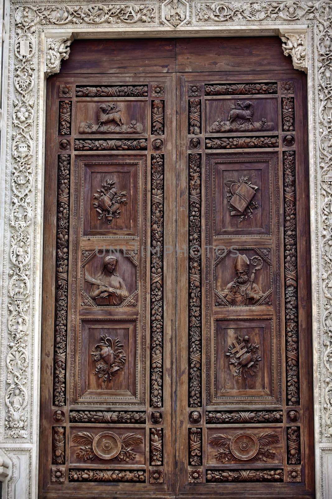 Carved Wooden Door Basilica of Santa Croce Cathedral Church Mary Lamb Cross Pope Images Florence Italy