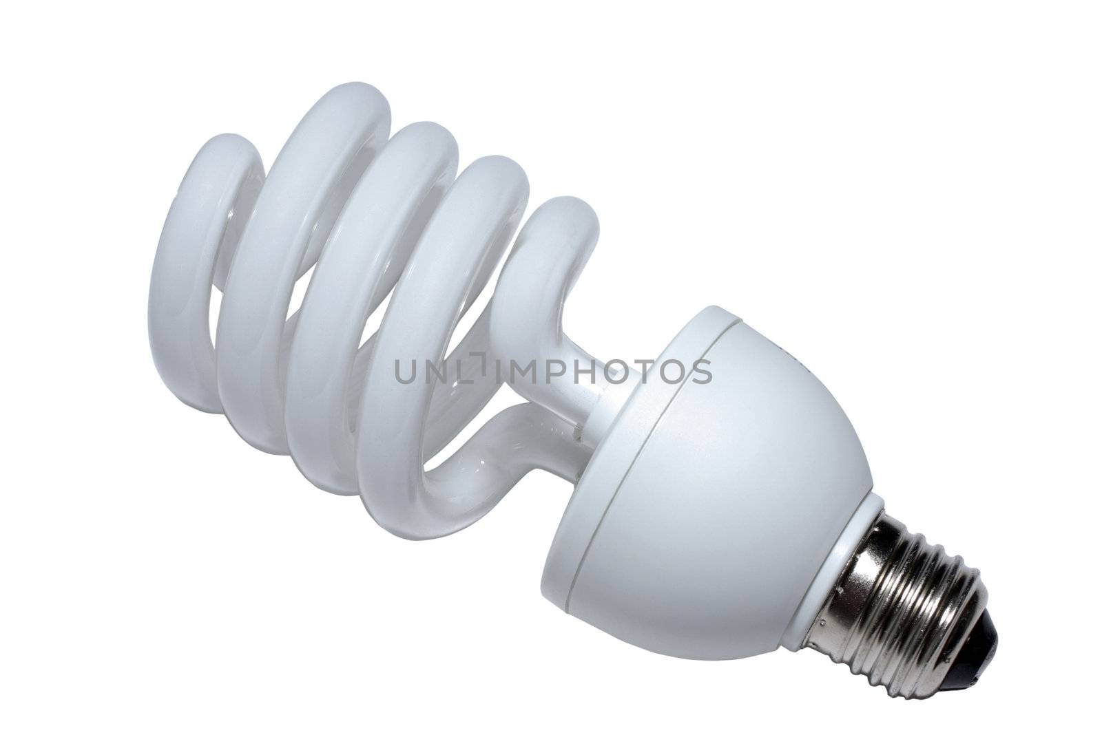 Close up of fluorescent spiral lightblulb. Isolated on white with clipping path.