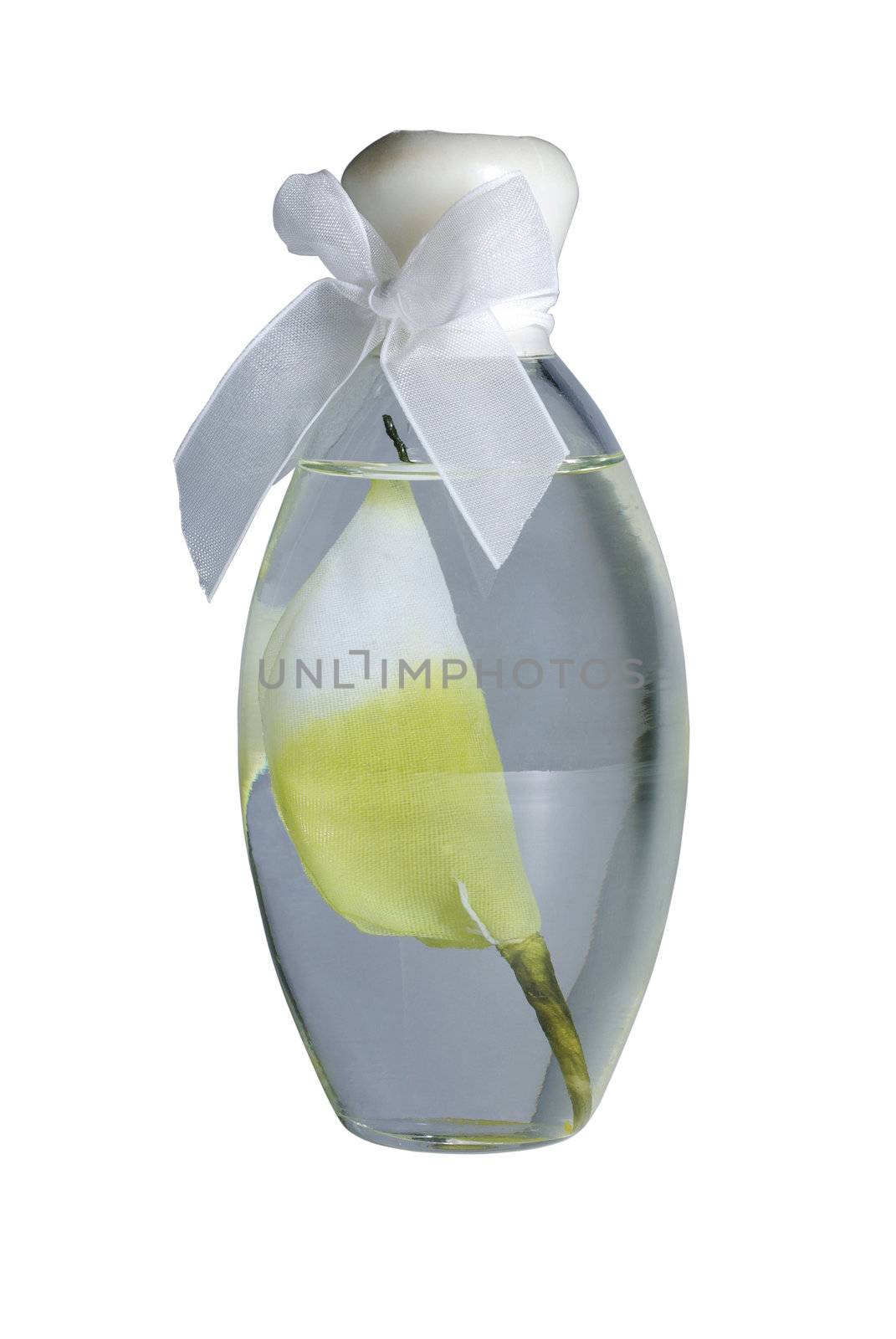 Flask with aroma oil and decoration isolated on white background.