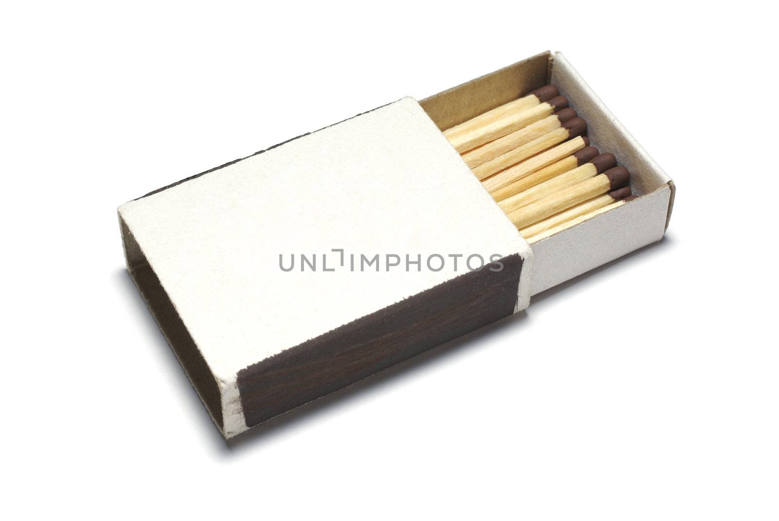 Matches in opened box isolated on white background.