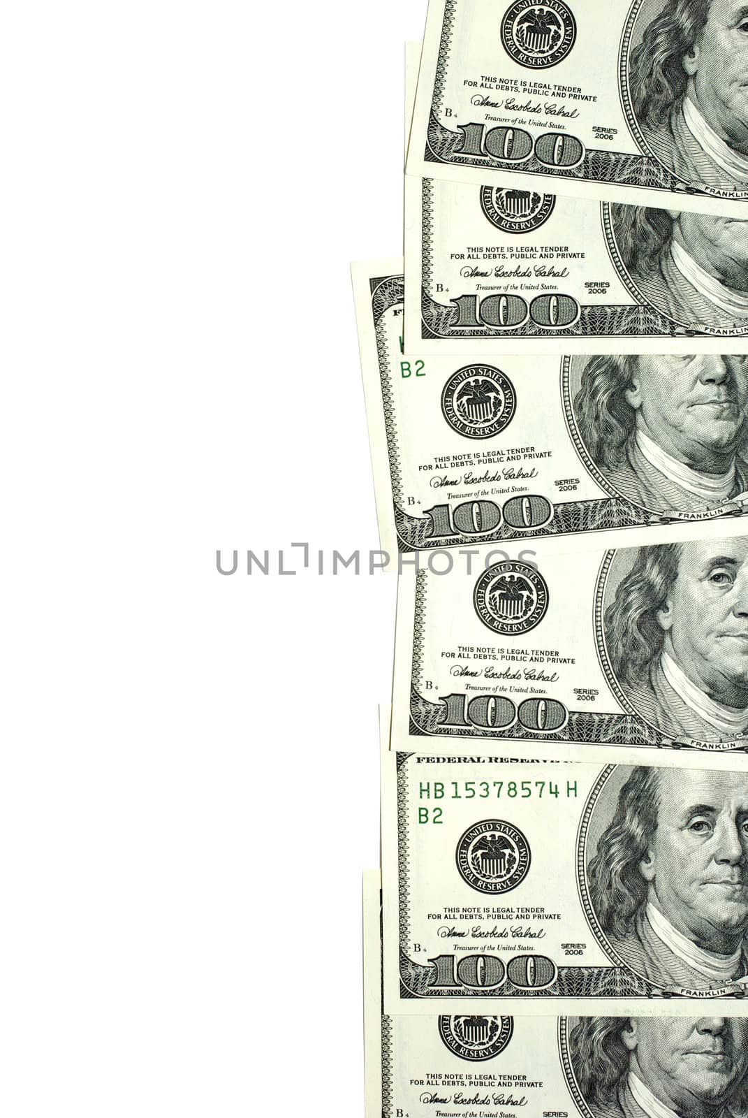 Dollar banknotes vertically isolated on white background. by borodaev