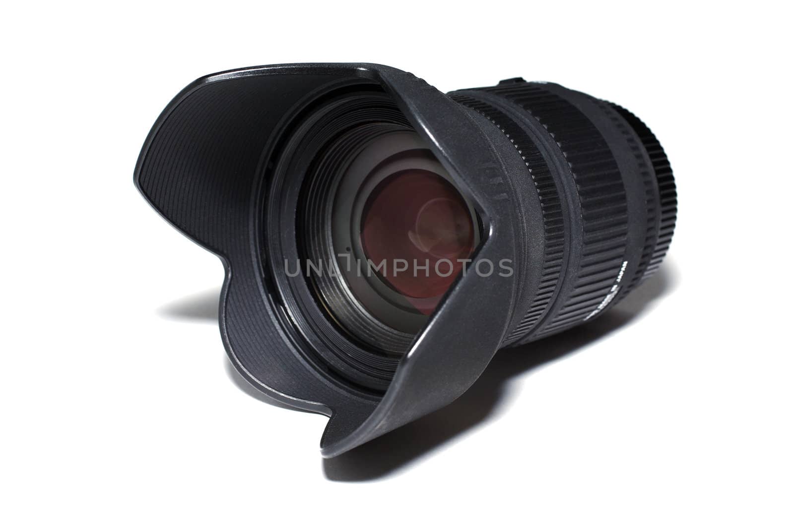 Professional lens with hood isolated on white background.