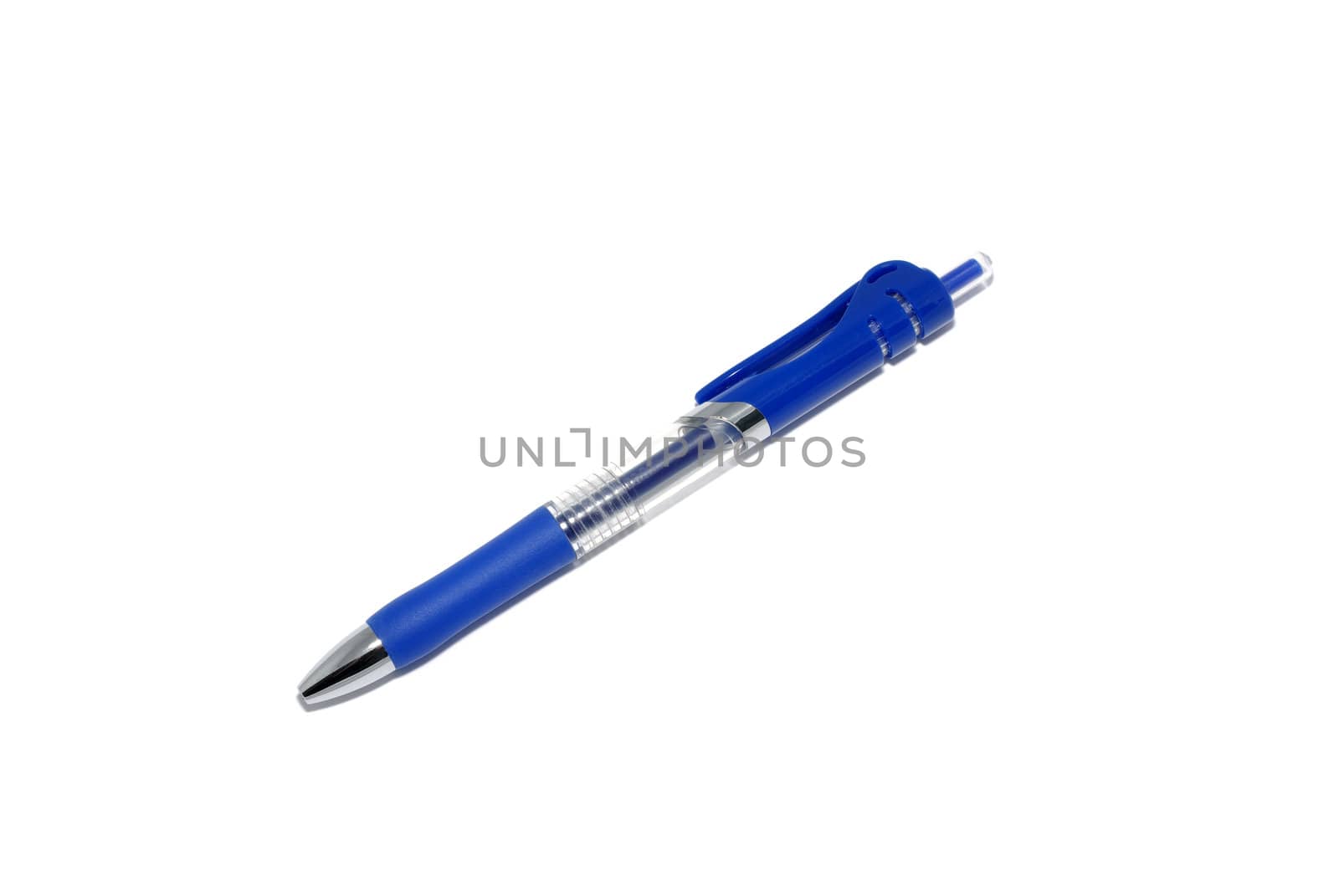 Blue plastic modern pen isolated on white background.