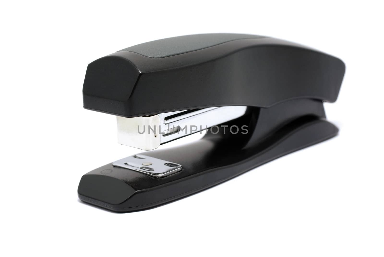 Black with gray stapler isolated on white background. by borodaev