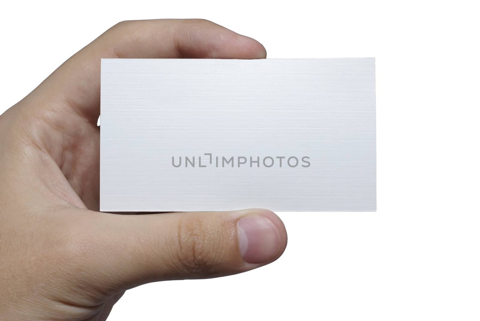 Hand with white textured card for your text isolated on white background.