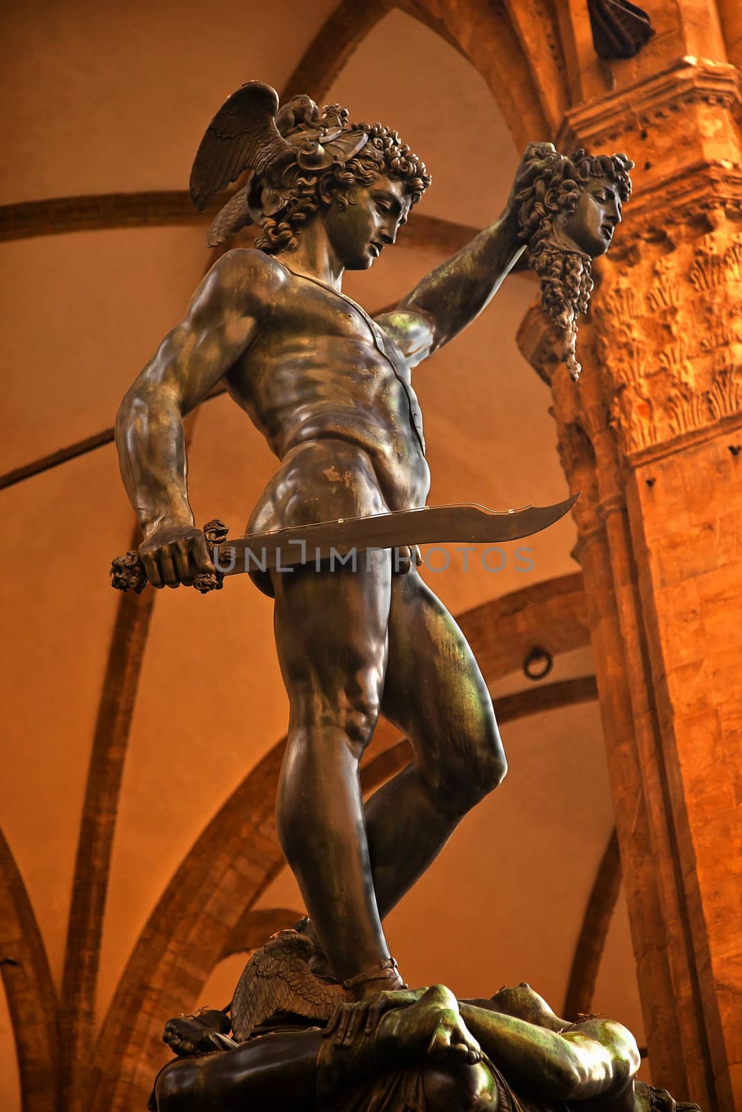 Perseus Bronze Statue by Benvenuto Cellini Piazza della Signoria Palazzo Vecchio Florence Italy Cast in 1554 Picture taken from Public Street