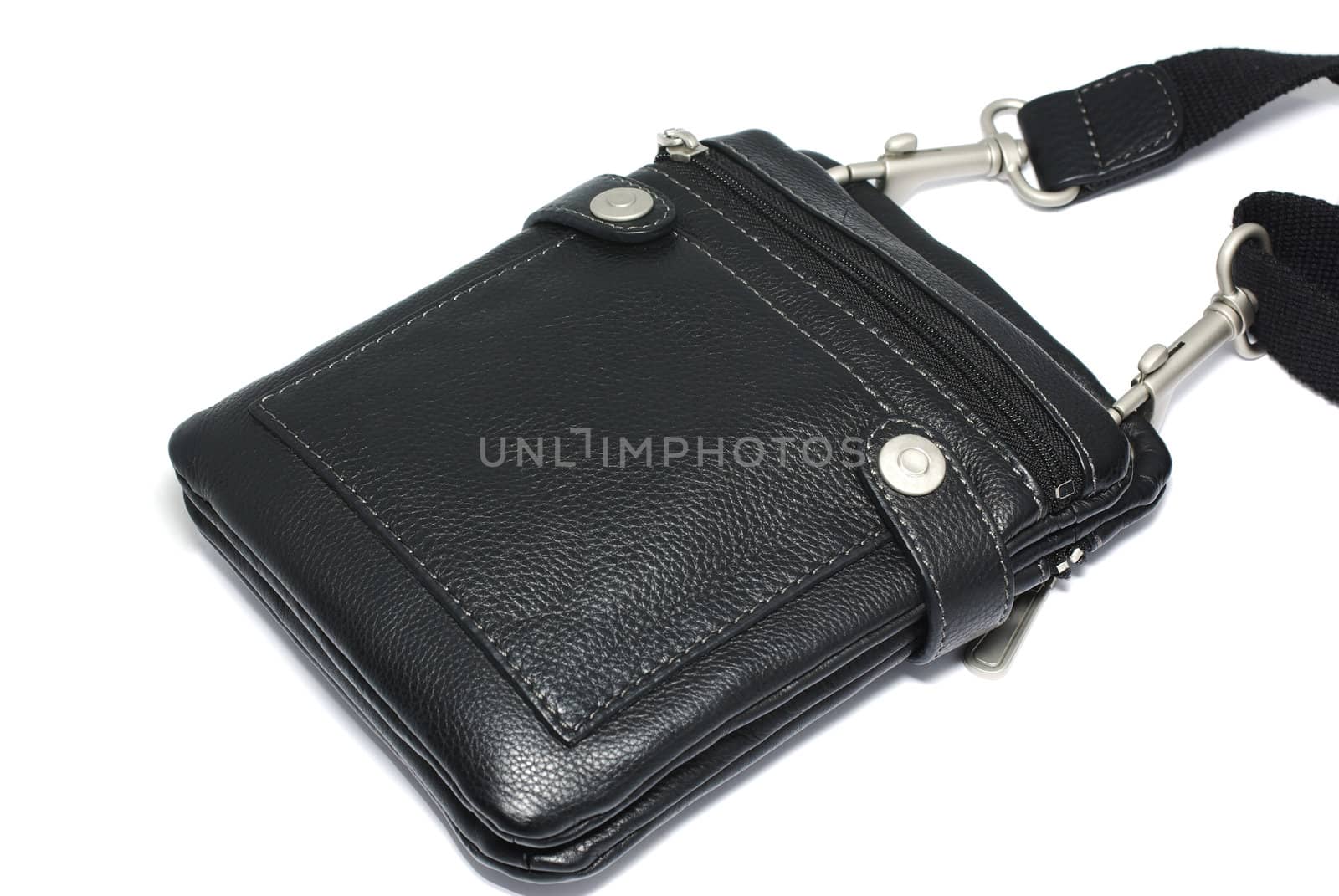 Modern men bag made of black leather isolated on white backgroun by borodaev