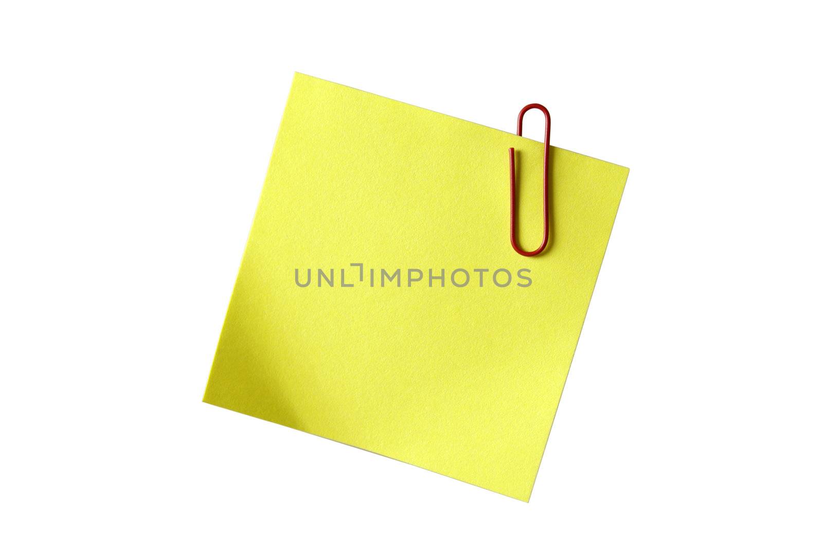 Yellow sticky notepaper with red paper-clip isolated on white. E by borodaev