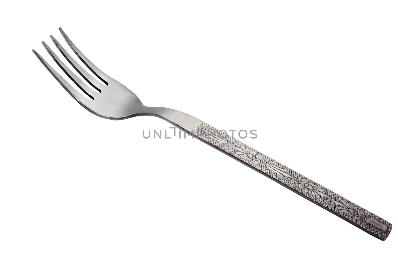 Old metallic fork isolated on white background. Clipping path included.