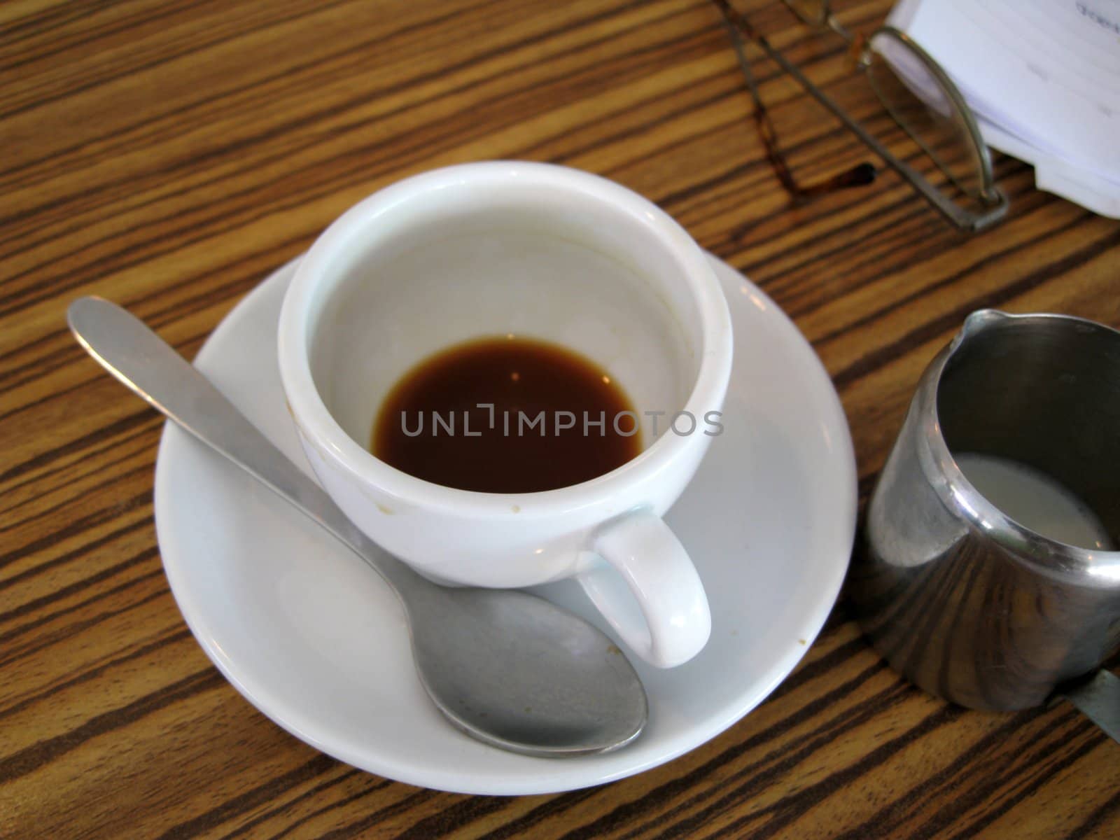 an empty cup of coffee on a table