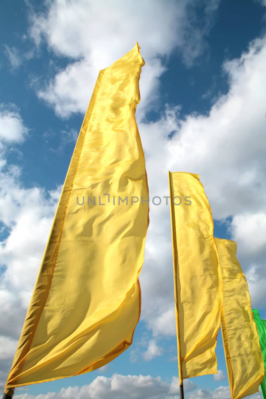 brightly yellow flags on winds, spring cool sky