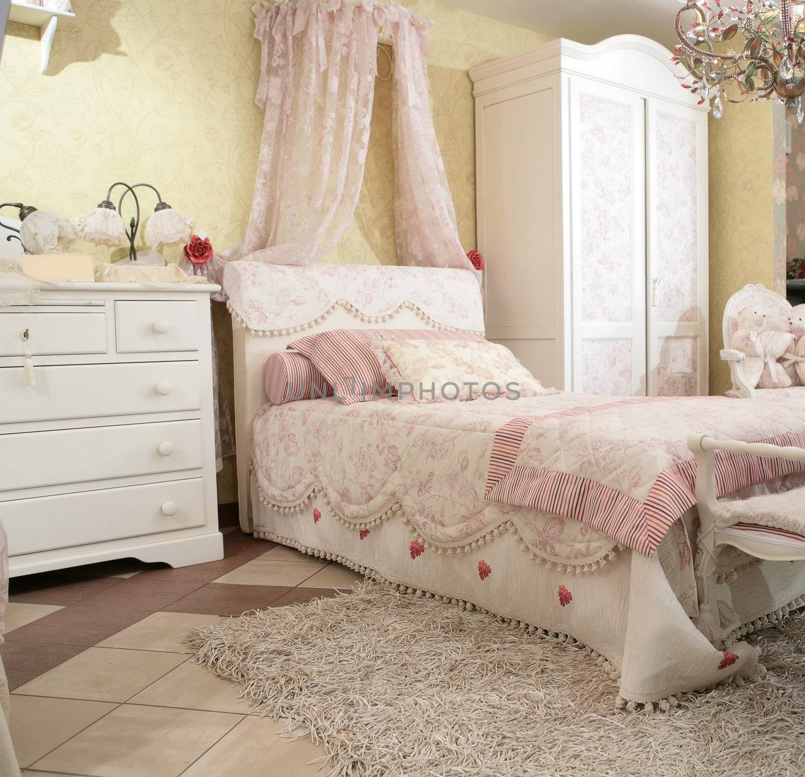 interior to luxurious baby bedroom in rococo style, expensive furniture