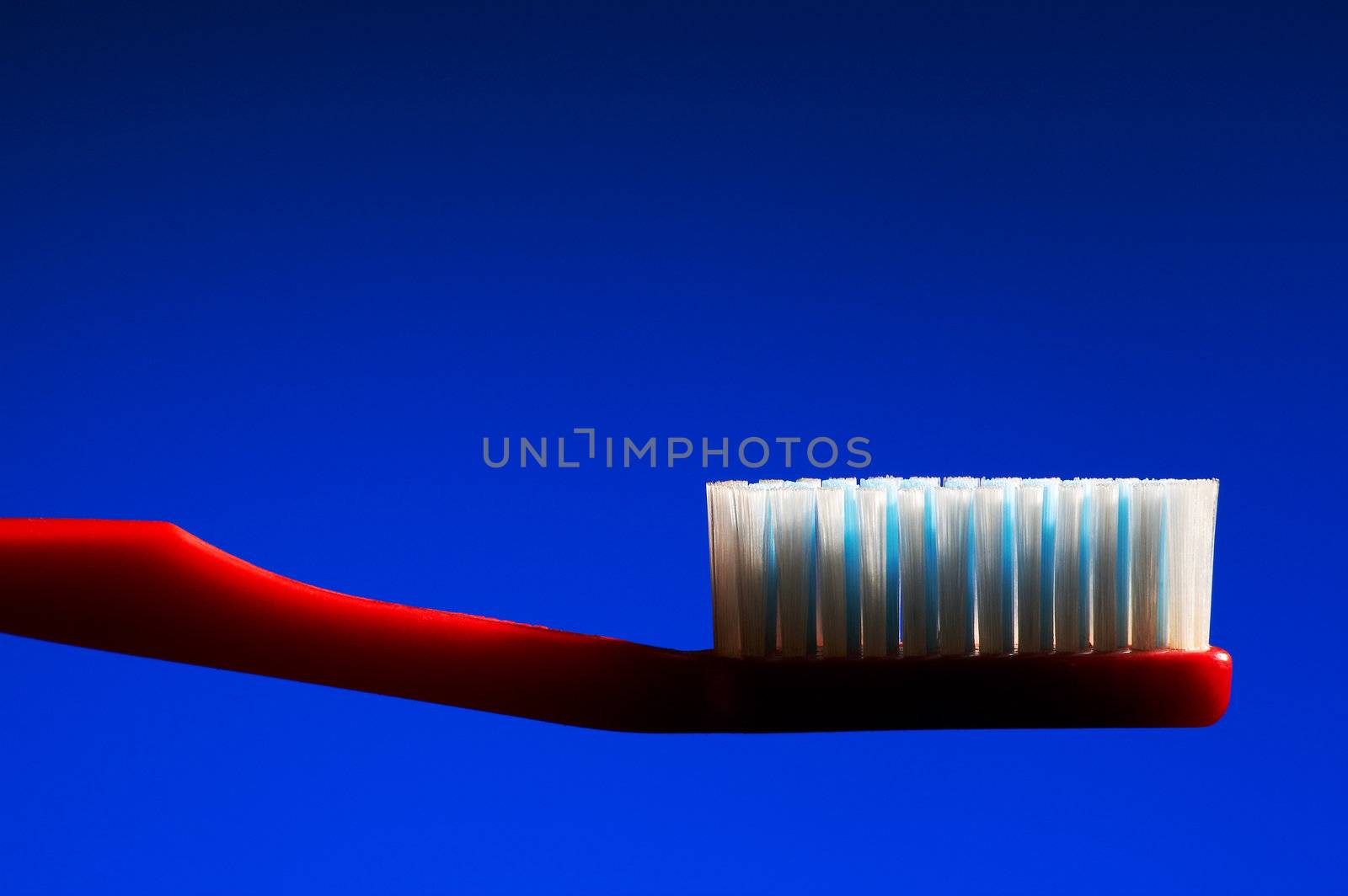 Red tooth-brush on a dark blue background