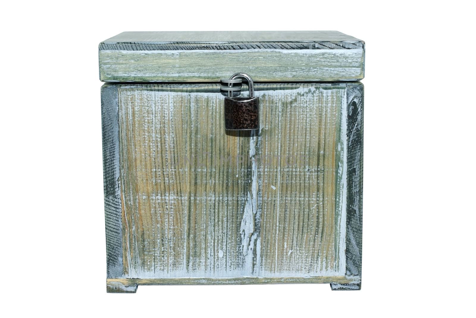 Old box locked with padlock isolated on white background.