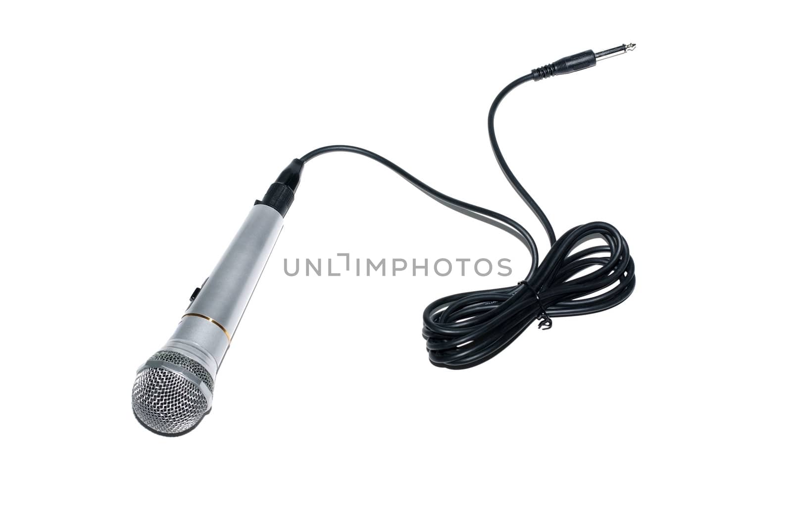 Audio microphone with cable and connector isolated on white background.