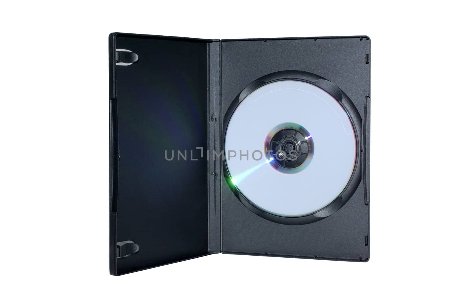 Black box with writable DVD disc inside isolated on white backgr by borodaev